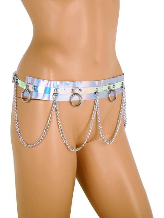 Women's Silver Holographic Body Chain Leather Gothic Punk Adjustable Waist Belt - Picture 4 of 5